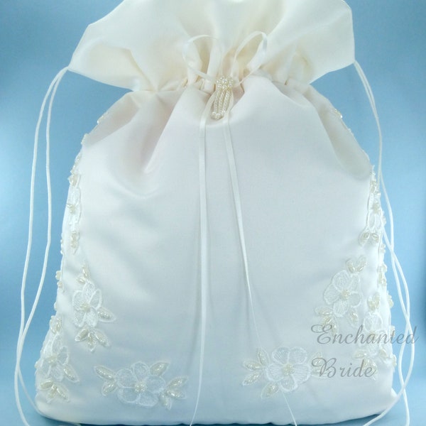 Satin Bridal Money Bag (#E1D4MB) with Pearl-Embellished Floral Lace, in LARGE size, for Envelopes and cards, and etc.