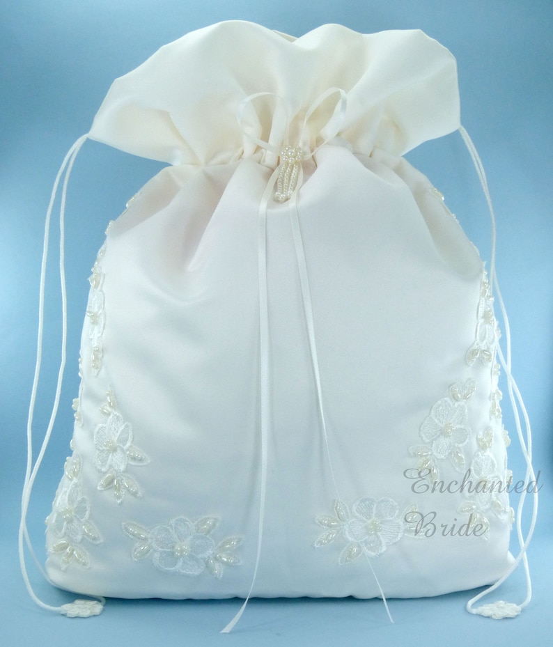 Satin Bridal Money Bag E1D4MB with Pearl-Embellished Floral Lace, in LARGE size, for Envelopes and cards, and etc. Ivory