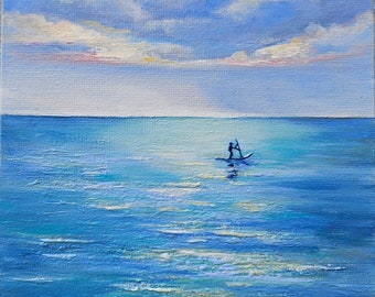 Paddleboarder Seascape Oil Painting, Coastal Wall Art (6x6 inch) Made to Order