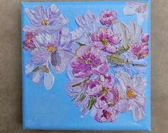 Impasto Cherry Blossom Oil Painting, 4x4 Floral Canvas Art