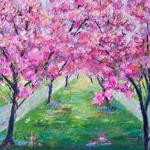 Cherry Trees Blossom Painting Original Small Impasto Oil Painting Framed Sakura Blossom Artwork, Sakura Art, Pink Wall Art Housewarming Gift
