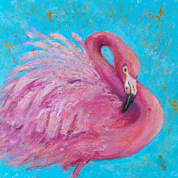 Pink Flamingo Art Mini Impasto Oil Painting Original, Tropical Bird Art, Housewarming Gift, Home Decor