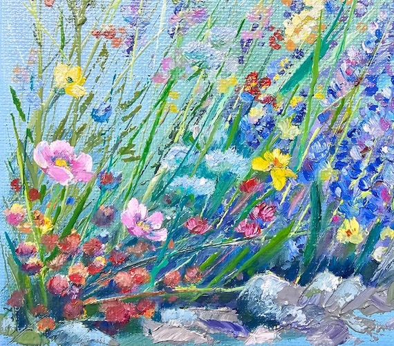 油絵 絵画 【Wild flowers】 Wildflowers Original Oil Painting, Small Floral Impasto Art (5x5