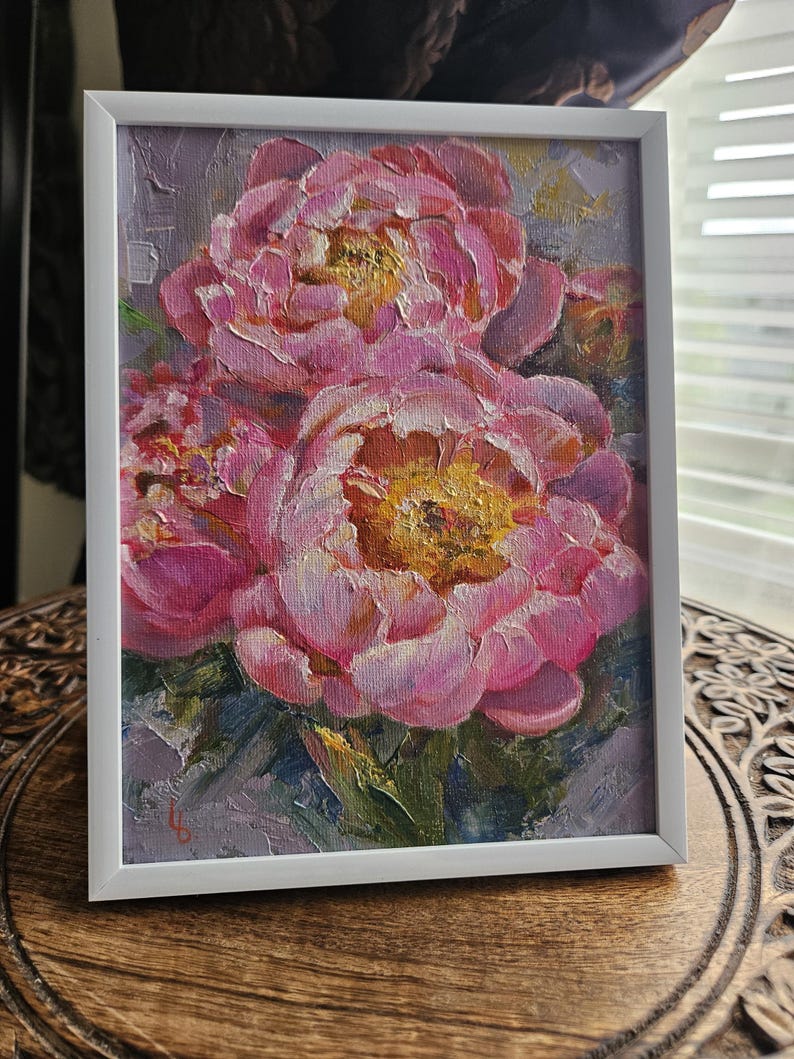 Framed Pink Peony Impasto Oil Painting: Small Floral Art - Etsy