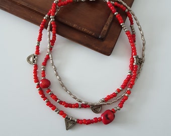 Ethiopian Telsum Prayer Pendants Necklace Red white Hearts beads Ethiopian Antique Silver Beads