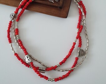 Ethiopian Telsum Prayer Pendants Necklace Red white Hearts beads Ethiopian Antique Silver Beads