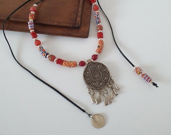 Ethiopian ethnic statement pendant, Haile Selassie coin Adjustable  leather necklace