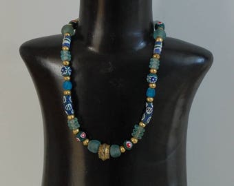 Adjustable leather bead necklace Ethiopian beads, Ethiopian Coptic cross with Ghanaian beads