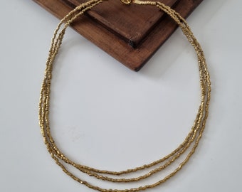 Three Strand Gold short Necklace Ethiopian Brass Beads Handmade Brass Necklace African jewelry Ethiopian Brass  Necklace Ethiopian Brass