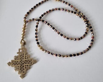 Ethiopian Rosary style cross pendant Brass Necklace Ethiopian Cross Ethiopian Coptic Cross Cezch fire-polished glass beads Orthodox cross