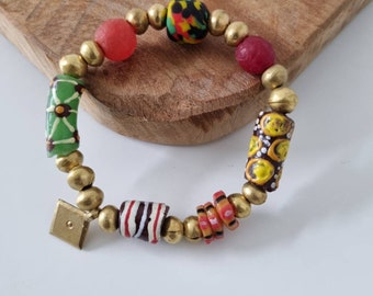 Ethiopian Brass Ball shape Beads with Ghana Krobo Beads Bracelet Coptic cross charm bracelet stretch Bracelet Ethiopian Coptic Cross Bracele