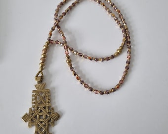 Ethiopian Rosary style cross pendant Brass Necklace Ethiopian Cross Ethiopian Coptic Cross Cezch fire-polished glass beads Orthodox cross