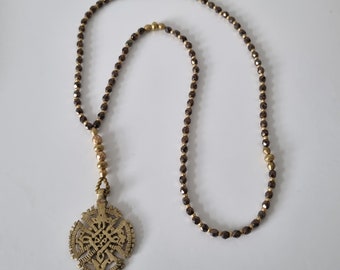 Ethiopian Rosary style cross pendant Brass Necklace Ethiopian Cross Ethiopian Coptic Cross Cezch fire-polished glass beads Orthodox cross