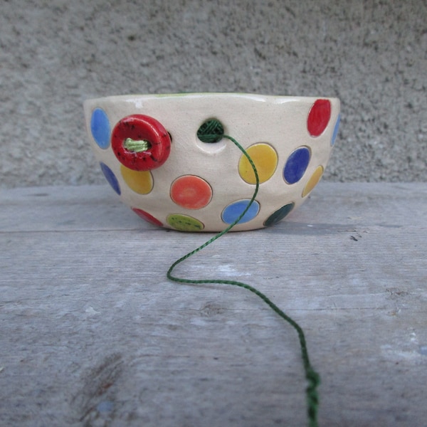 Rainbow polka dot perle cotton holder, Perle cotton bowl, Mini ceramic yarn bowl, Gift