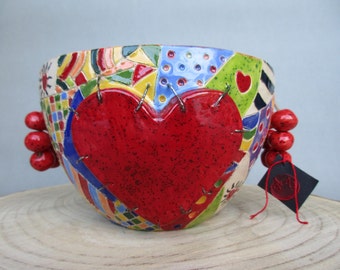 Heart bowl, Ceramic colorful pot, Valentine bowl, One-of-a-kind pottery piece, Gift