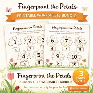May include: Printable worksheet bundle titled "Fingerpaint the Petals." The worksheets feature flower outlines with numbers 1-10, designed for preschool activities. The bundle includes 3 pages total and is available for instant download.