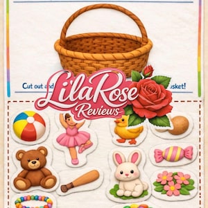 May include: An educational worksheet featuring the text "Letter Bb" and instructions to fill a basket with objects starting with 'B'. The image shows a woven basket, a rose, and cut-out images of a beach ball, teddy bear, and a bunny, among other items.