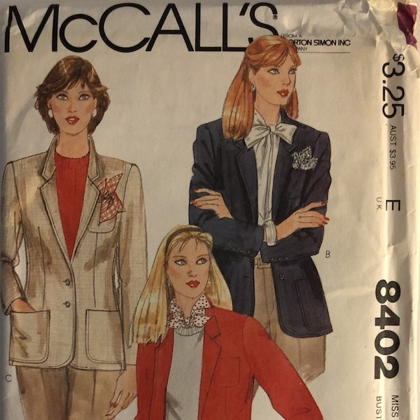 VTG 8402 McCalls (1983). Personalized Instructions, Palmer & Pletsch. Misses' Jacket.  Size 10.  Complete, unused, FF.  Excellent condition.