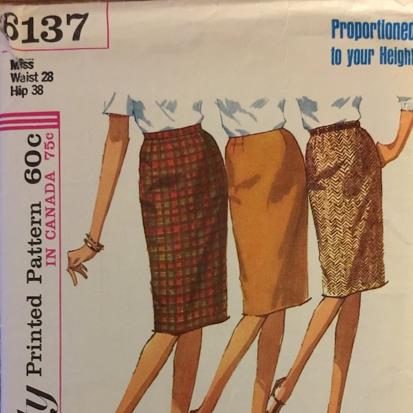 VTG 6137 Simplicity (1965). Misses' proportioned to fit skirt.  Waist 28", Hip 38". Complete, unused, neatly cut/FF.  Excellent condition.