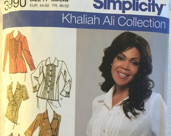 OOP 3990 Simplicity (2006). Khaliah Ali Collection. Blouse w/front options. Size 18W to 24W. Complete, unused, cut. Excellent condition