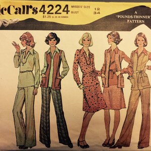 VTG 4224 McCalls (1974). Pounds Thinner Pattern. Blouse, vest, skirt, pants.  Size 12, Bust 34&quot;. Complete, unused, FF.  Excellent condition.