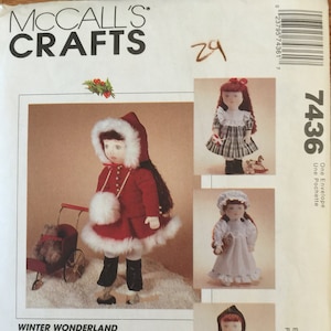 VTG 7436 McCalls (1995).  18&quot; doll clothes -winter wardrobe.  Cape dress, nightgown & cap, ice skating outfit.  Complete, FF. EX condition.