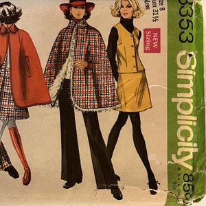 VTG 8353 Simplicity (1969).  Misses&#39; Cape, Vest, Skirt, Pants.  Size 8, Bust 31-1/2&quot;.  Complete, unused, FF.  Excellent condition.