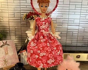 Made-to-Order 1960's Vintage Style Fashion Doll Cothes.  Dress, hat, clutch, gloves, jewelry, crinoline and shoes.