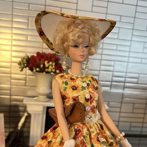 Made-to-Order 1960&#39;s Vintage Style Reproduction Fashion Doll Cothes (Sunflowers). Dress, hat, clutch, gloves, jewelry, crinoline and shoes.