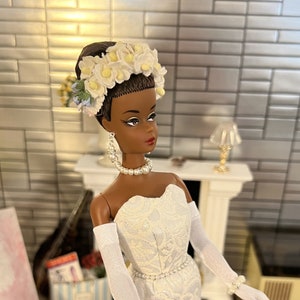 Made-to-Order White Vintage-Style Fashion Doll Outfit. Swing Coat, Fascinator, Dress, Clutch,  Gloves, Jewelry, Shoes.