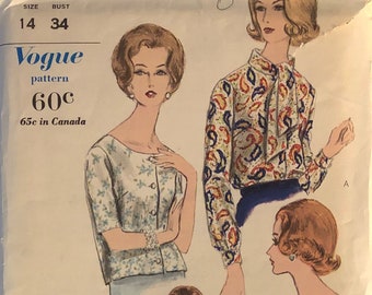 VTG 5694 Vogue (1962). Blusa y pañuelo Ascot para señora. Talla 14, busto 86 cm. Completa, sin usar, FF. Excelente estado.