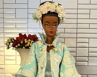 Made-to-Order Vintage-Style Barbie Outfit.  Swing Coat, Fascinator, Dress, Clutch, Belt, Gloves, Jewelry, Shoes.