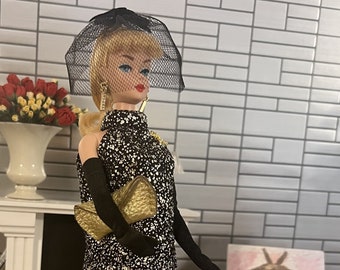 Made-to-Order Fashion Doll Clothes.  Dress, Hat and Hat Pin, Gloves, Clutch Bag, Jewelry, Shoes.