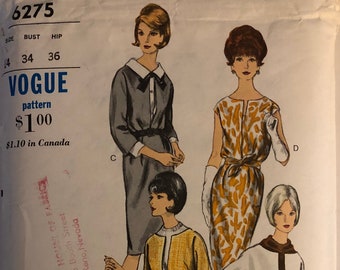 VTG 6275 Vogue (1964).  Vogue Young Fashionables.  One-piece dress & blouse.  Size 14, Bust 34.  Complete, unused, FF.  Excellent condition.