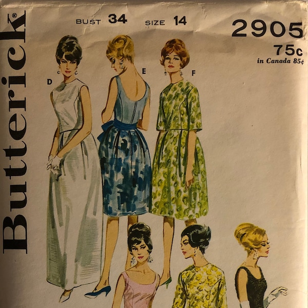 VTG 2905 Butterick (1963).  Misses' Evening Ensemble.  Size 14, Bust 34".  Complete, unused, FF.  Excellent condition.