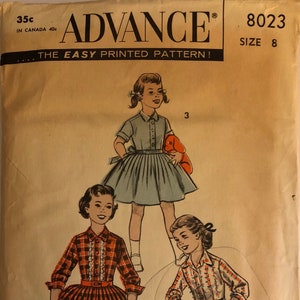 VTG 8023 Advance (1950&#39;s).  Girl&#39;s shirtwaist dress.  Size 8, Breast 26&quot;.  Complete, unused, FF/Neatly cut.  Excellent condition.
