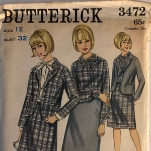 Rare VTG 3472 Butterick (early 1960&#39;s).  Jacket, Skirt, Blouse.  Size 12, Bust 32&quot;.  Complete, unused, FF.  Excellent condition.