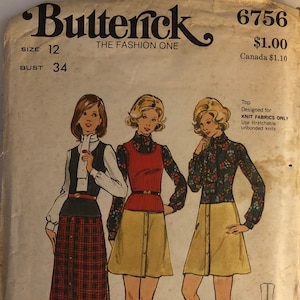 VTG 6756 Butterick (1970&#39;s).  Designed for Knits Only.  Misses&#39; Dress & Top. Size 12, Bust 34. Complete, unused, FF. Excellent condition.