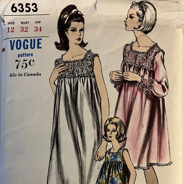 Rare Vintage 6353 Vogue (1964).  Nightgown and Panties.  Size 12.  Complete, unused, neatly cut/FF.  Excellent condition.