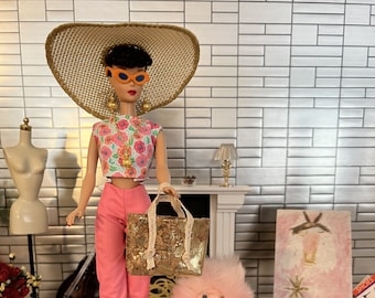 Made-to-Order Fashion Doll Clothes.  Top, Pants, Hat, Tote Bag, Jewelry, Sunglasses, and Shoes.