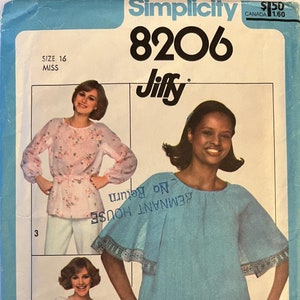 VTG 8206 Simplicity (1977).  Jiffy.  Pullover Tops.  Size 16, Bust 38&quot;.  Complete, unused, FF.  Excellent condition.