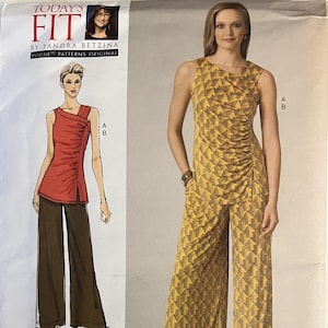 May include: A sewing pattern for Today's Fit by Sandra Betzina, Vogue Patterns Original. The pattern features illustrations of two outfits: a red top with brown trousers and a yellow geometric jumpsuit. The pattern number is V1452.