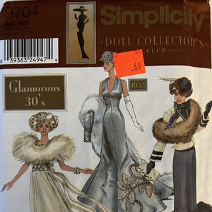 VTG 9704 Simplicity (2001).  Doll Collector&#39;s Club.  Glamorous 30&#39;s.  Doll Clothes for 11-1/2&quot; Fashion Doll.  Complete, FF.  EX condition.
