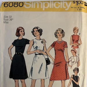 VTG 6080 Simplicity (1973).  Jiffy.  Missses&#39; Dress.  Size 12, Bust 34&quot;.  Complete, unused, FF.  Excellent condition.