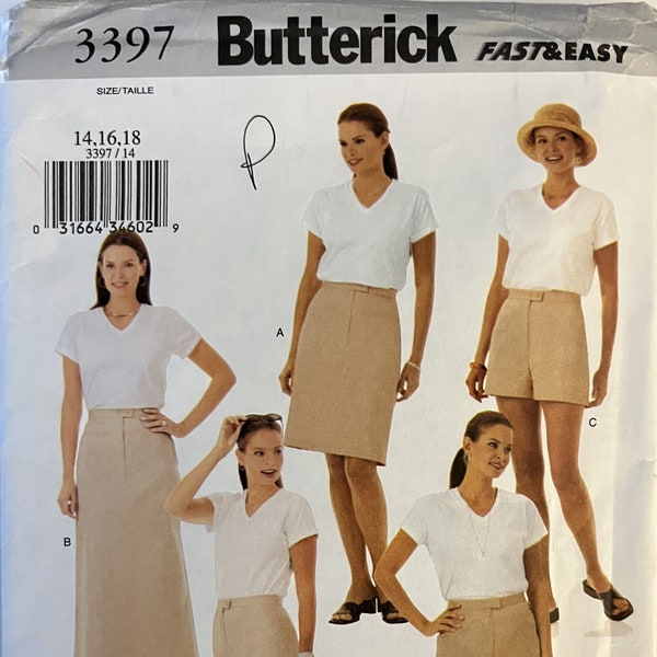 VTG 3397 Butterick (2002).  Fast & Easy.  Misses' Skirt, Shorts, Pants.  Size 14-16-18.  Complete, unused, FF.  Excellent condition.