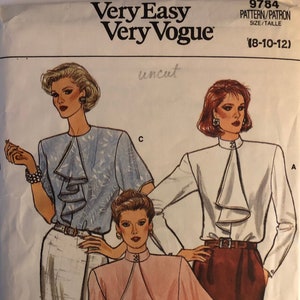 VTG 9784 Vogue (1986).  Very Easy, Very Vogue.  Misses&#39; Blouse.  Size 8-10-12.  Complete, unused, FF. Excellent condition.
