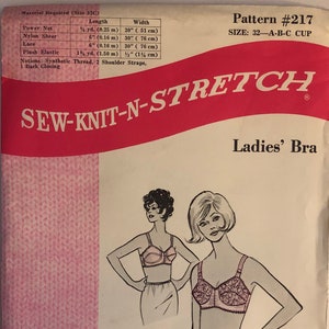 VTG 217 Sew-Knit-N-Stretch (1969).  Ladies&#39; Bra.  Size 32, A-B-C Cup. Complete, unused, FF. Excellent condition.