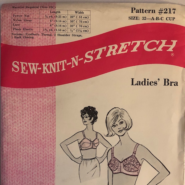 VTG 217 Sew-Knit-N-Stretch (1969).  Ladies' Bra.  Size 32, A-B-C Cup. Complete, unused, FF. Excellent condition.