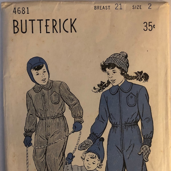 Rare VTG 4681 Butterick (1940's).  One-piece snow suit for boy or girl.  Size 2, Breast 21".  Complete, unused, FF. Excellent condition.