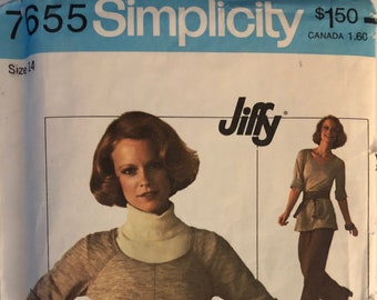 VTG 7655 Simplicity (1976).  Jiffy.  Misses' Dress or Top and Pants.  Size 14, Bust 36".  Complete, unused, FF.  Excellent condition.